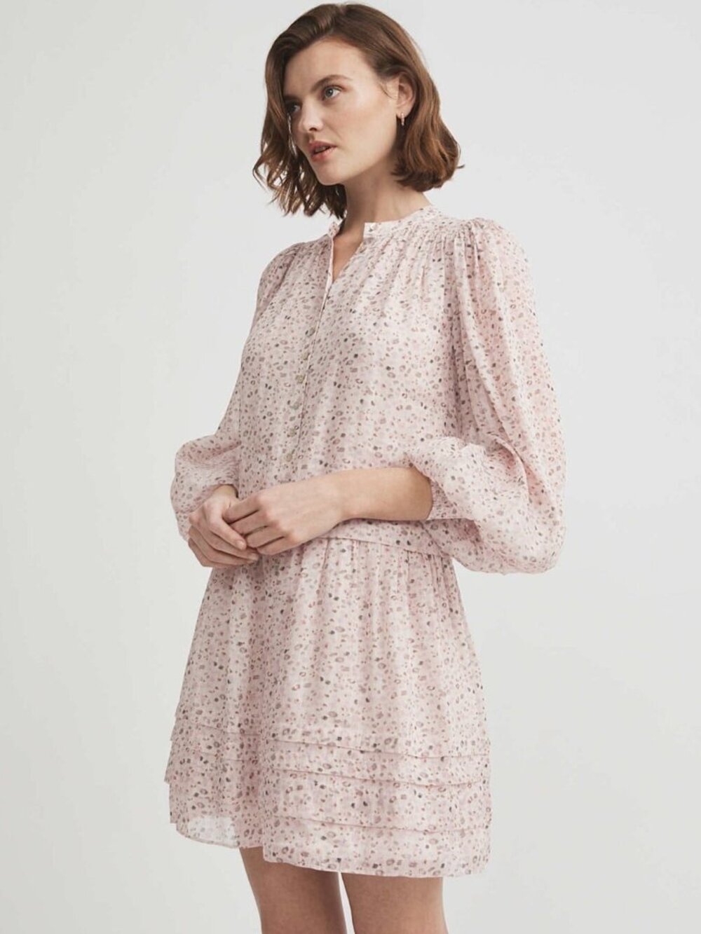 Witchery Enigma Print Button Front Silk Linen Long Sleeve Mini Trapeze Dress, 6